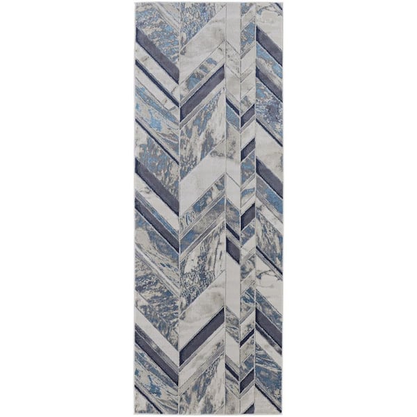 Ivory,  Blue,  Gray 2 ft. x 8 ft. Loomed Chevron Polyester Indoor Area Rug