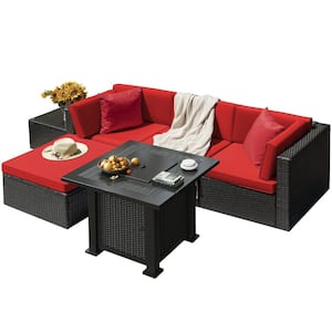 6-Piece Wicker Patio Conversation Set with 40,000 BTU Propane Fire Pit Table, Sectional Set with Red Cushions