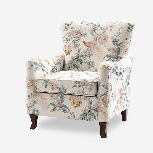 JAYDEN CREATION Vincent Bird Floral Fabric Pattern Wingback Armchair with Solid Wood Legs