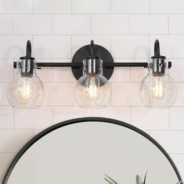 Modern 22 in. 3-Light Black Bathroom Vanity Light with Clear Glass Globe Shades Classic Wall Sconce for Damp Location