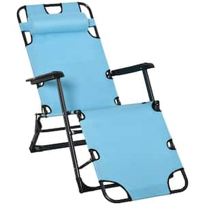 Black Metal Outdoor Lounge Chair in Blue Seat with Pillow and Pocket, Adjustable Chaise