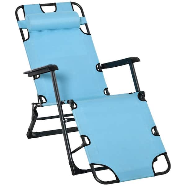 Sudzendf Black Metal Outdoor Lounge Chair in Blue Seat with Pillow and Pocket, Adjustable Chaise
