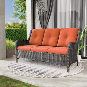 3-Seat Wicker Outdoor Patio Sofa Sectional Couch with Orange Cushions