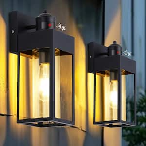 13.2 in. Black Motion Sensing Modern Porch Lights Outdoor Hardwired Wall Lantern Scone with No Bulbs Included (2-Pack)