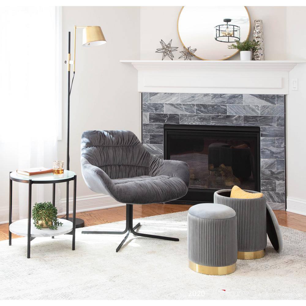 Gray Velvet Pleated Nesting Ottomans with Gold Metal Base