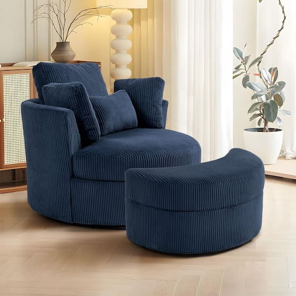 Navy Blue Corduroy Fabric Upholstered Swivel Accent Barrel Chair with Storage Ottoman and Pillows (Set of 1)