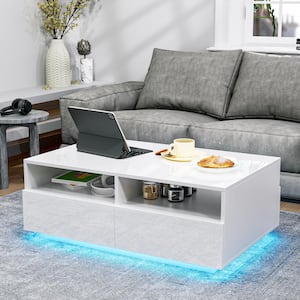 37.4 in. White Rectangle MDF LED Coffee Table with 4 Storage Drawers with 2 Open Shelves