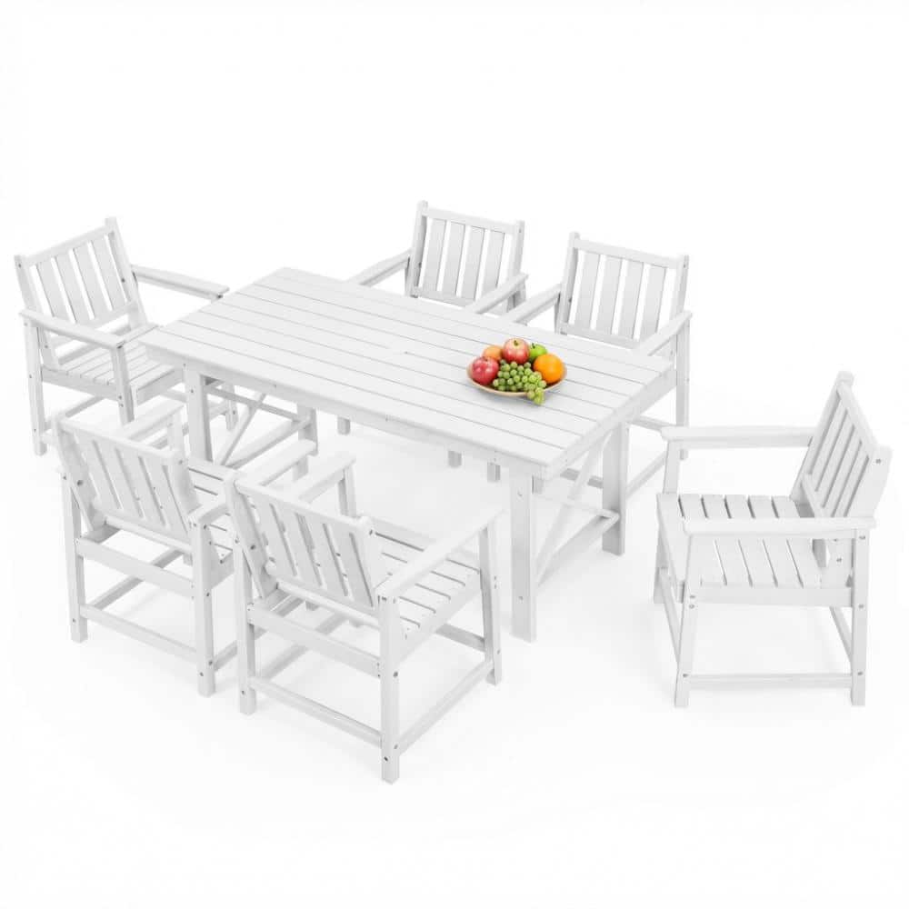 All Weather HDPE Patio Dining Set of 7, 6 Dining Chairs and Rectangle Dining Table with Umbrella Hole, White price history on PriceWatchPro