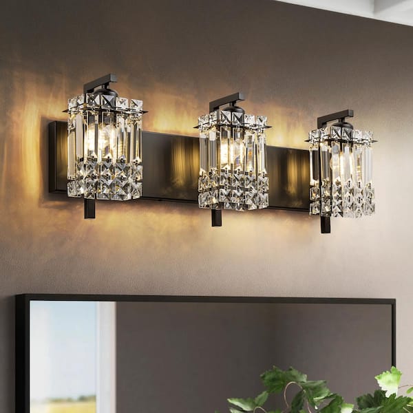 RRTYO Thery 25.5 in. 3-Light Black Modern Glam Rectangular Crystal Bathroom Vanity Lights for Mirror w/Crystal Shade