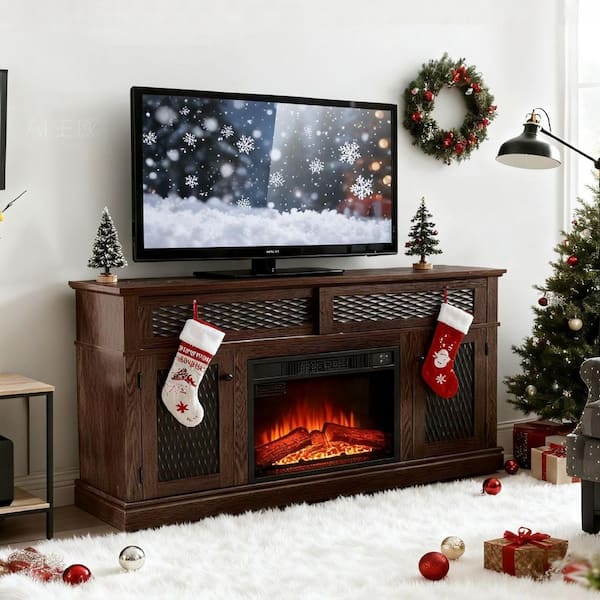 Farmhouse 58 in. Freestanding Wood Electric Fireplace TV Stand with Embossed Doors and Storage in Cherry