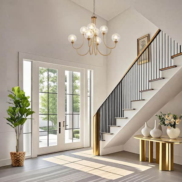 36.6 in. Modern Chandelier Brass 8-Light Candlestick Tiered Living Room High Ceiling Light with Cracked Glass Globe