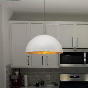 PCover 15 in.W 1-Light Rough Textured White Farmhouse Dome Kitchen Island Pendant Light with Antique Gold Leaf Interior
