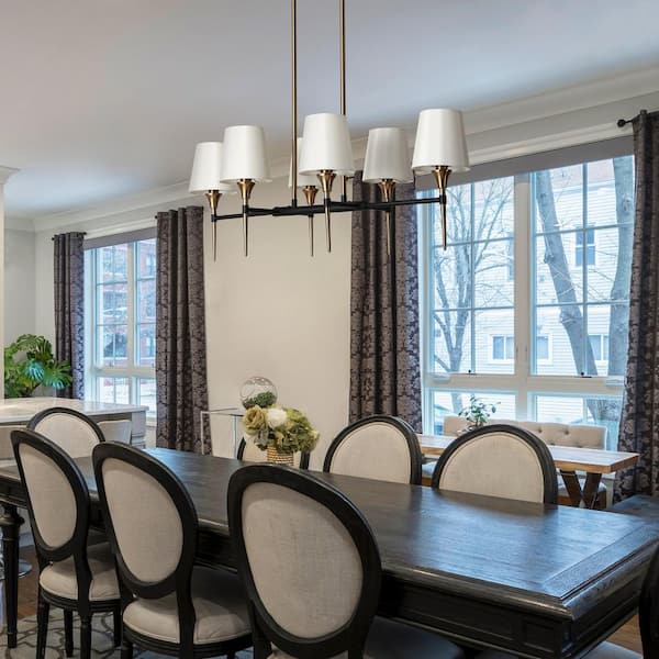 Modern Mid-century 6-Light Brass Linear Kitchen Island Chandelier with Fabric Shades Traditional Black Dining Room Light