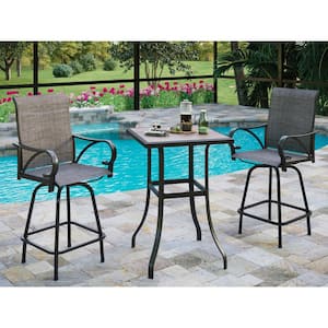 3-Piece Metal Outdoor Patio Bar Height Dining Set with Square Wood-Look Bar Tabletop
