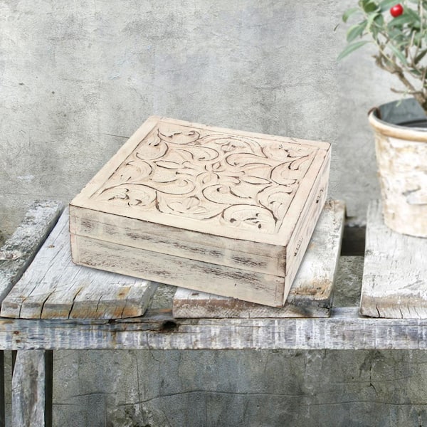 Stonebriar Collection 7 in. x 2 in. Worn White Wooden Box with Hinged Lid and Carved Fillegry Details