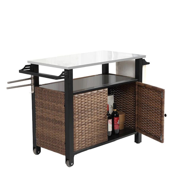 Outdoor Service Kitchen Rolling Serving Cart with Stainless Steel Tabletop