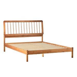 Mid-Century Modern Brown Solid Wood Frame Queen Platform Bed