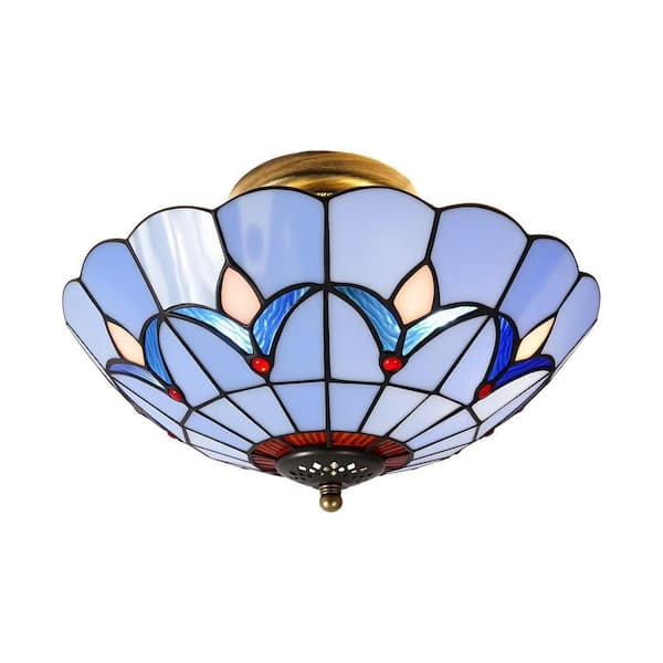 11.81 in. 2-Light Blue Modern Mediterranean Flush Mount Ceiling Light with Stained Glass Shade, No Bulbs Included