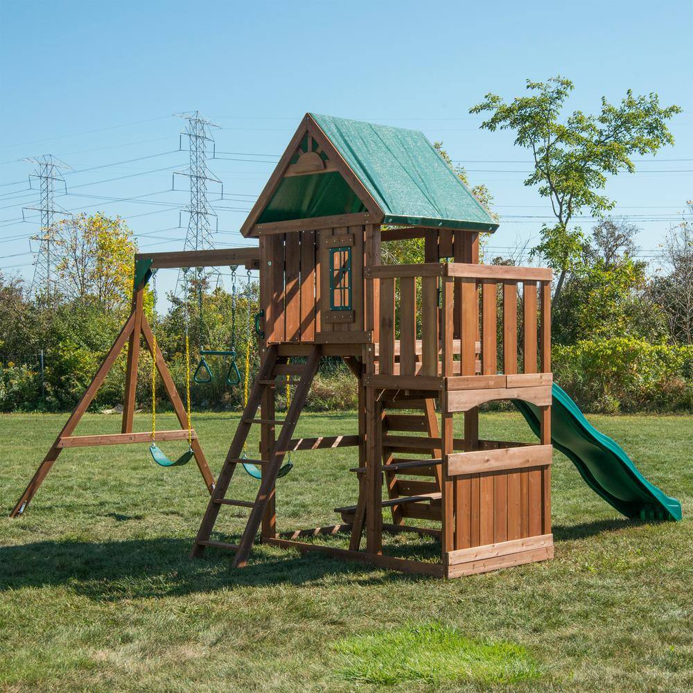Elkhorn Wooden Backyard Swing Set with Slide and Climbing Wall
