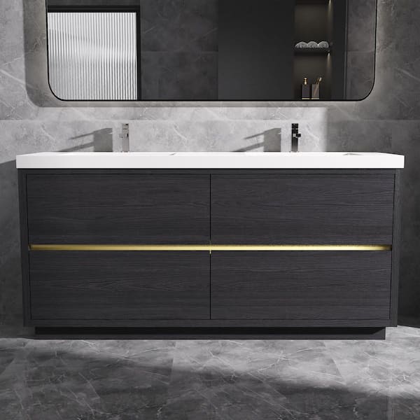 72 in. Freestanding Bath Vanity in Black with Double Solid Surface Sink Top in White