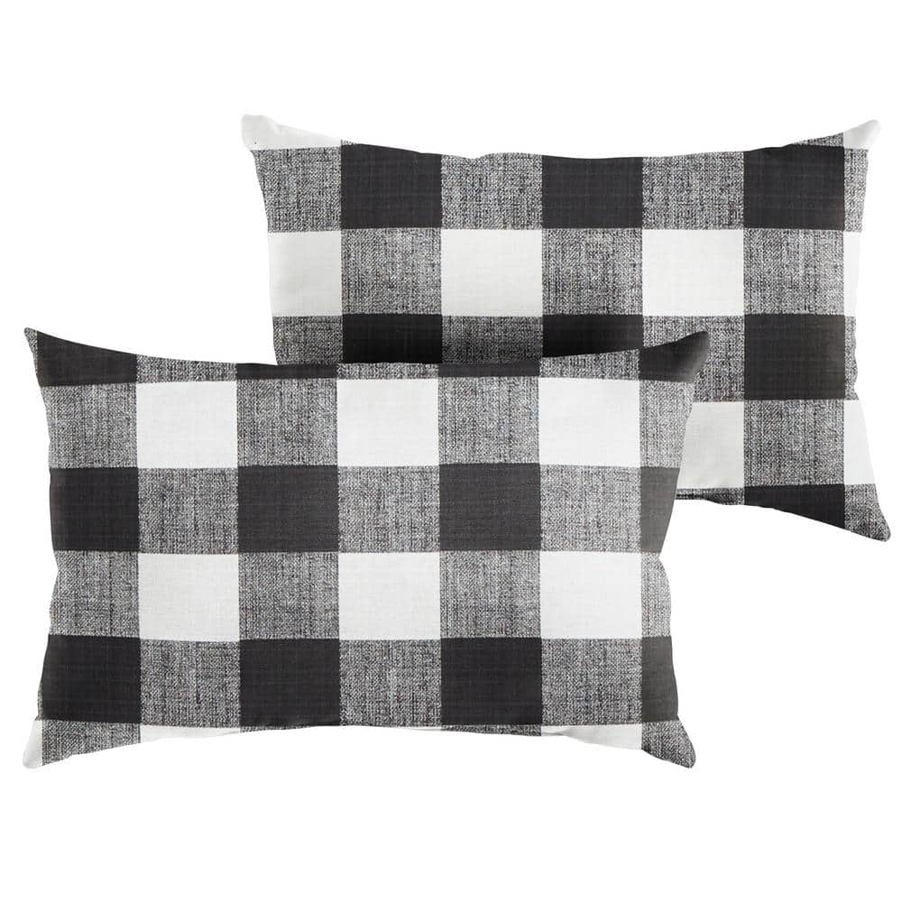 Black Buffalo Plaid Rectangular Outdoor Knife Edge Lumbar Pillows (2-Pack)