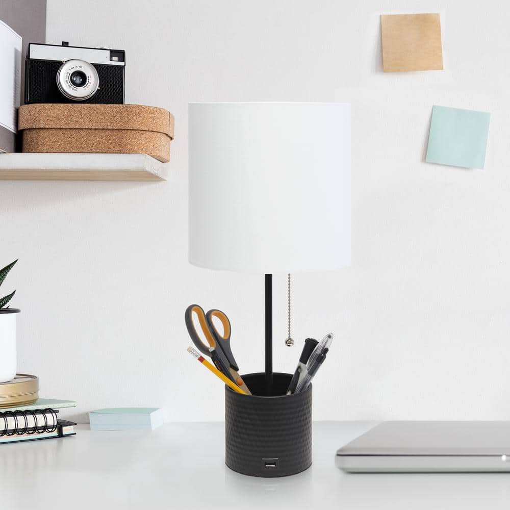 Black Hammered Metal Table Lamp with USB Port and White Shade