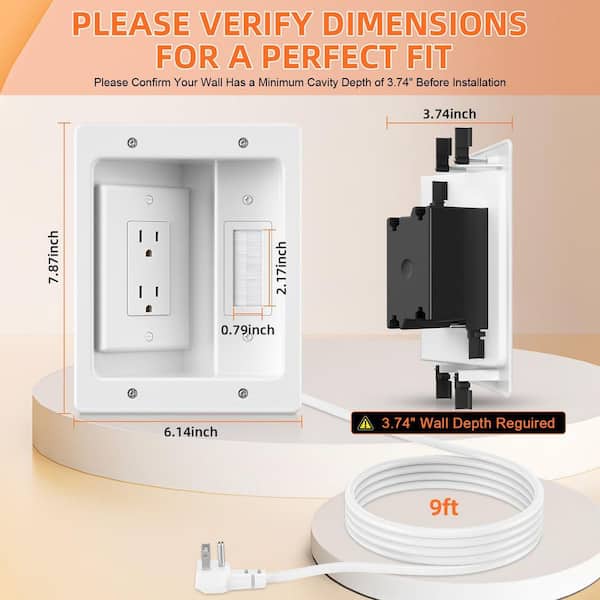 9.8 ft. White In-Wall Cable TV Wire Concealer Kit with Recessed Outlet and Brush Wall Plate for TV and Home Theater