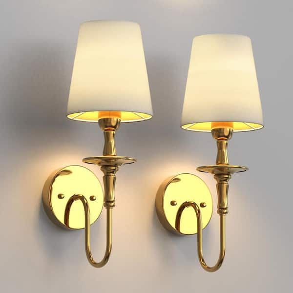 4 in. 1-Light Classic Brushed Gold Wall Sconce with Fabric Shade, Retro Indoor Light for Bedroom or Living Room(2-Pack)