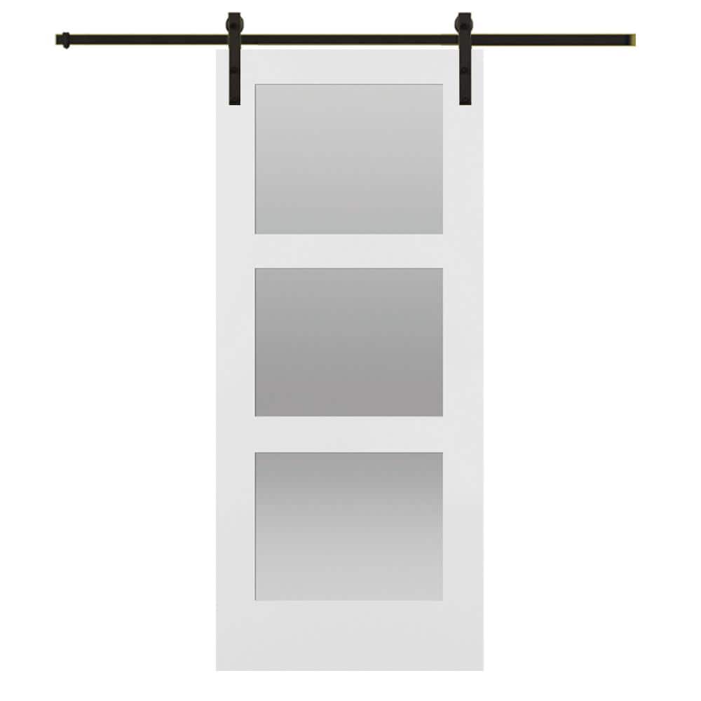 36 in. x 84 in. Shaker 3-Lite Frosted Glass Primed MDF Sliding Barn Door with Bent Strap Hardware Kit price history on PriceWatchPro