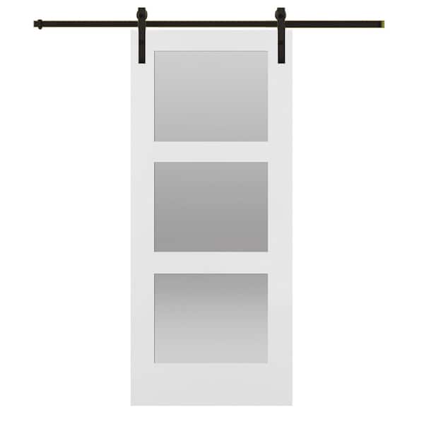 36 in. x 84 in. Shaker 3-Lite Frosted Glass Primed MDF Sliding Barn Door with Bent Strap Hardware Kit