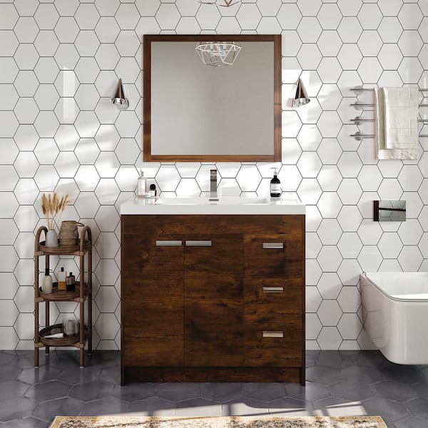 Eviva Lugano 36 in. W x 19 in. D x 36 in. H Single Bath Vanity in Rosewood with White Acrylic Top and White Integrated Sink