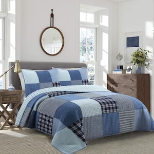 Navy Klein Blue Plaid Stripe Tartan Patchwork Queen Cotton Quilt Bedding Set