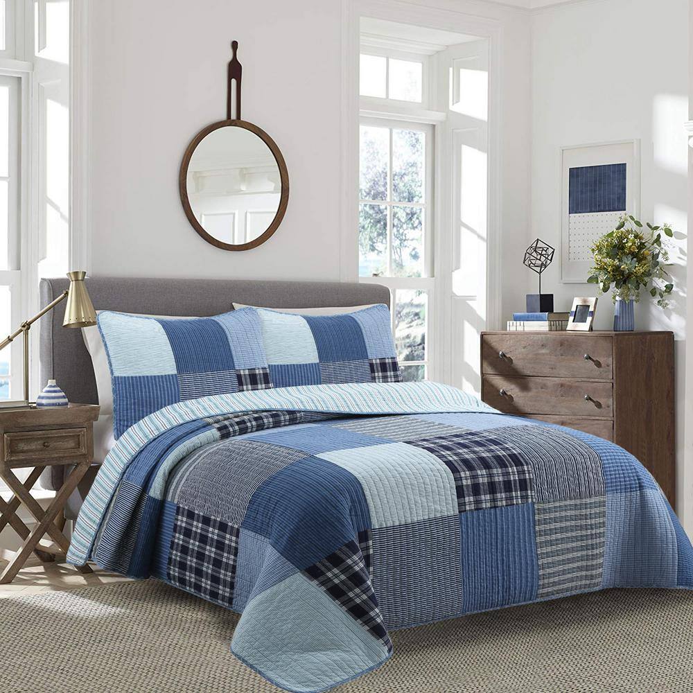 Twin Blue Cotton Reversible Patchwork Quilt Bedding Set