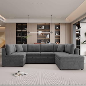 117.3 in. Square Arm Chenille U-shaped Sectional Sofa in Gray with Pull-Out Sofa Bed and 2-Throw Pillows