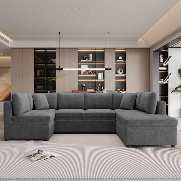 117.3 in. Square Arm Chenille U-shaped Sectional Sofa in Gray with Pull-Out Sofa Bed and 2-Throw Pillows