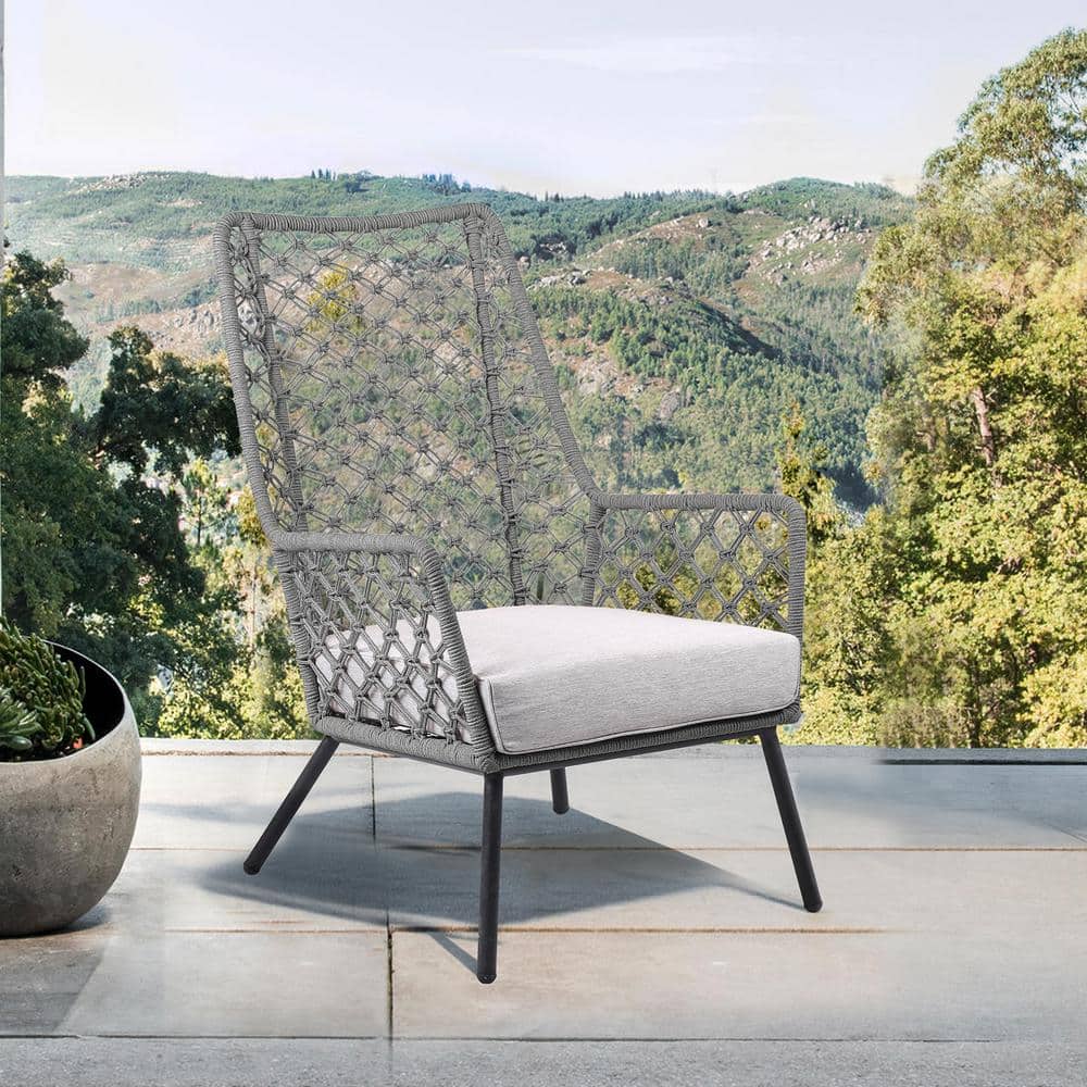 Marco Cushioned Steel Indoor Outdoor Lounge Arm Chair with Grey Rope and Gr