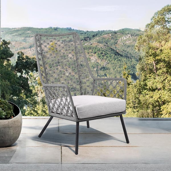 Armen Living Marco Cushioned Steel Indoor Outdoor Lounge Arm Chair with Grey Rope and Grey Cushion
