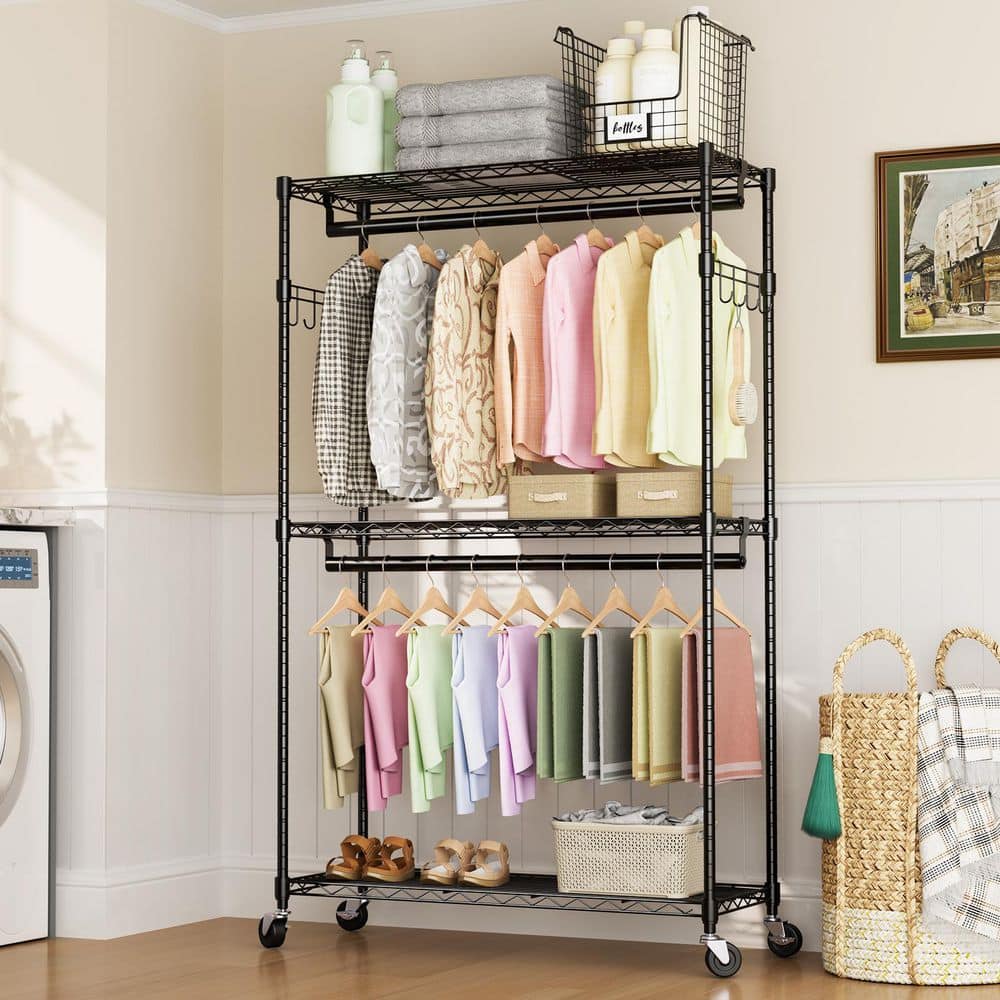 WarmieHomy 80.3 in. H x 47.2 in. W Black Iron Clothes Rack, 3 Tiers ...