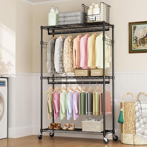 WarmieHomy 80.3 in. H x 47.2 in. W Black Iron Clothes Rack, 3 Tiers Heavy Duty Garment Racks with Wheels, Hanging Rods & Side Hooks