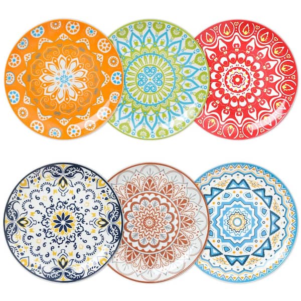 6-Piece 10.5 in. Bohemian Colorful Porcelain Dinner Plates Set Microwave Oven Dishwasher Safe Kitchen