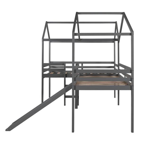 GOJANE Gray Twin Size Loft Bed Wood Bed With Roof, Slide, Guardrail ...