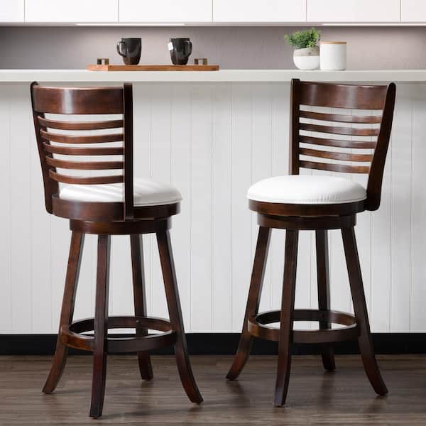 Woodgrove 29 in. Wood Swivel Bar Stool with White Leatherette Seat and 6-Slat Backrest (Set of 2)