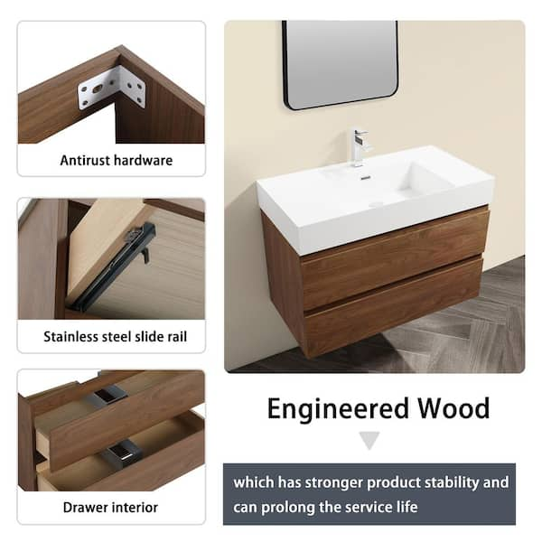 35.40 in. W Floating Wall-Mounted Bath Vanity in Brown Oak with White Resin Top