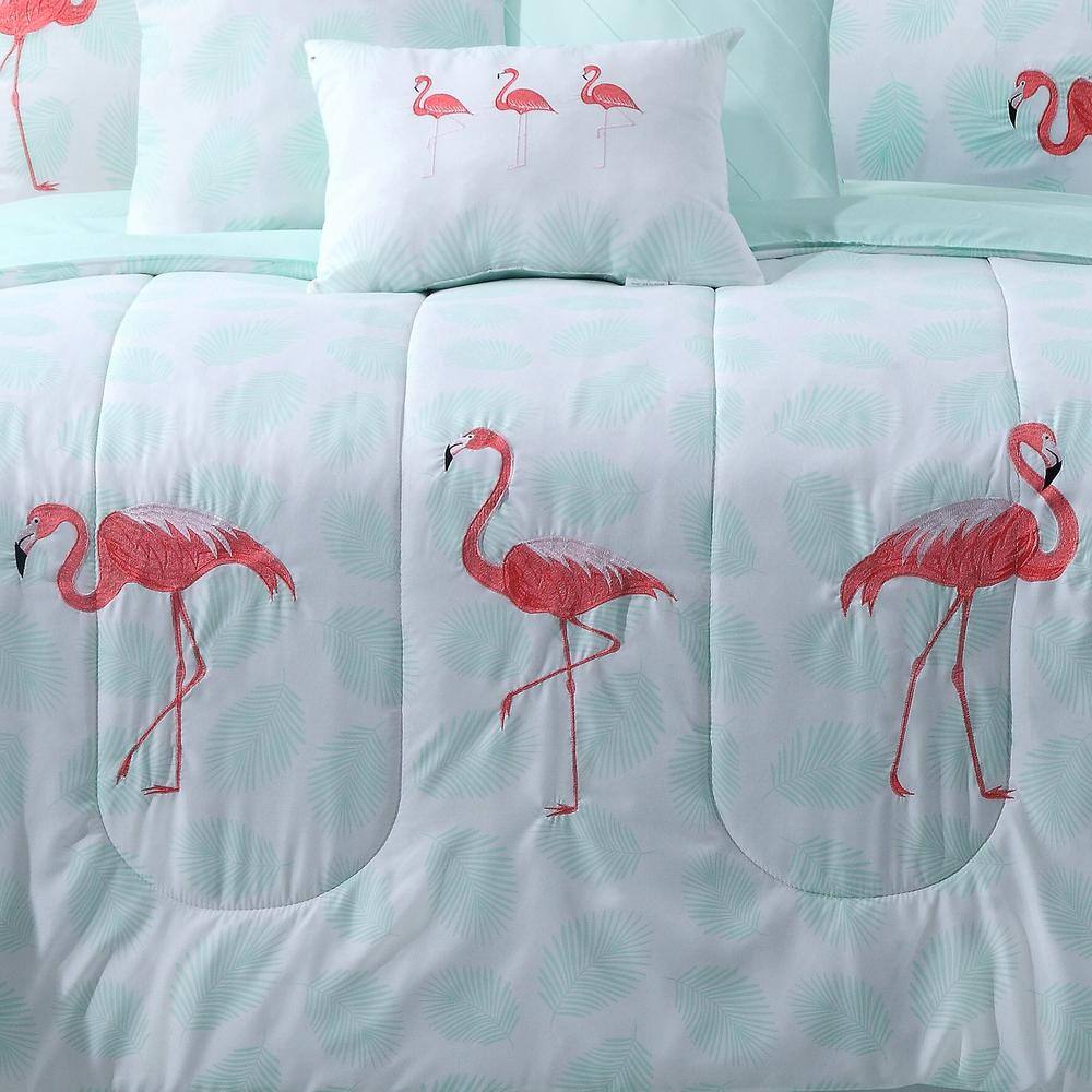 Mint Flamingo Embroidered 7-Piece Queen Microfiber Bedding Set