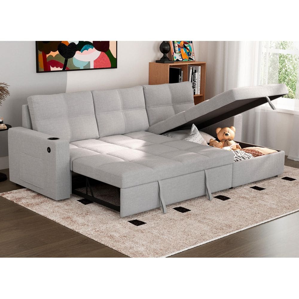 Modern 85 in. Square Arm Linen L-Shaped Sleeper Sectional Sofa with USB Charging, Cup Holders and Storage in Light Gray