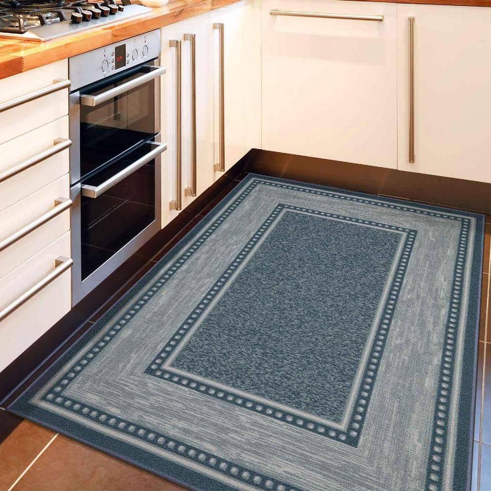 Blue and Gray Synthetic Non-Slip Rectangular Area Rug