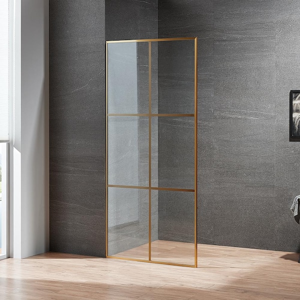 SERENE VALLEY Libra 34 in. W x 74 in. H Large-Grid Fixed Frame Shower Door in Brushed Gold with Easy Cleaning Glass
