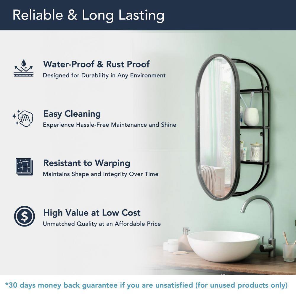 Black Metal Oval Vanity Mirror with Storage Shelves - 15" x 30"