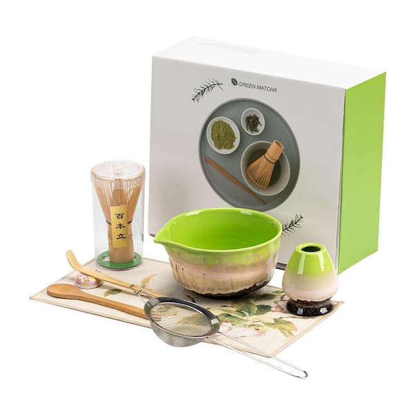 Tulip Finish Japanese Matcha Tea Ceremony Accessory Kit Ceramic Bowl Bamboo Whisk Holder Scoop Strainer (8-Piece)