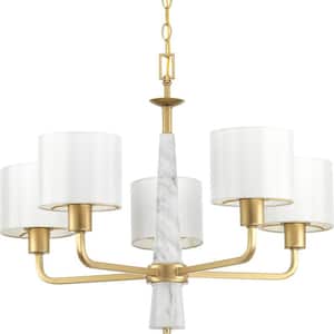 Palacio Collection 5-Light Vintage Gold White Silk Fabric Shade Luxe Chandelier Light